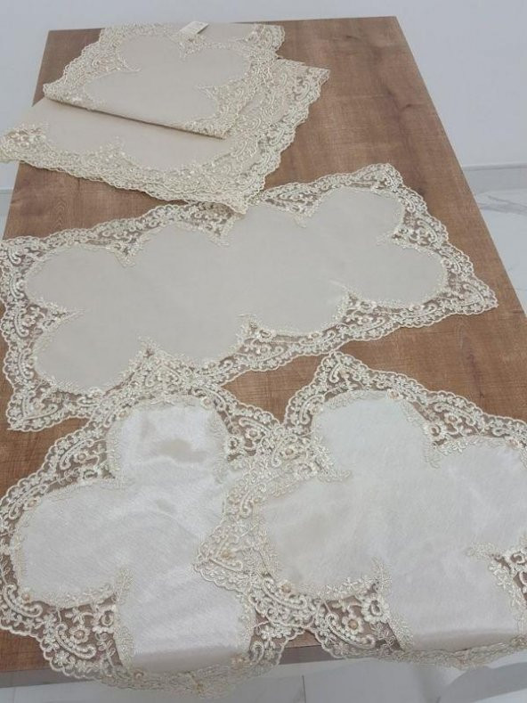 Finezza Violetta Lüx Güpürlü Osmanlı İpeği Kumaş Bej Salon Takımı 5 parça - 1038 - Resim 2