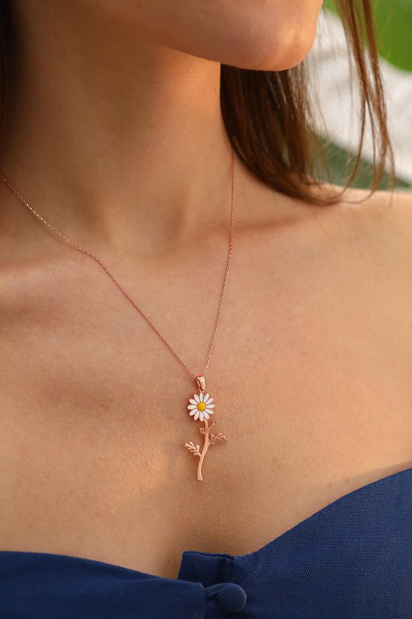 925 Ayar Gümüş Mineli Papatya Tasarım Kolye - 3