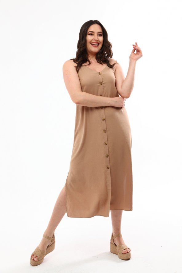 Schık Kadın Büyük Beden Askılı Düğmeli Elbise Vizon SCKWM22EL02