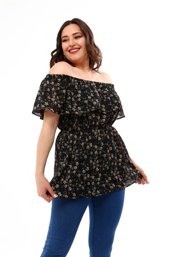 Lir Kadın Büyük Beden Çiçek Desenli Bluz Siyah L2329 - 2