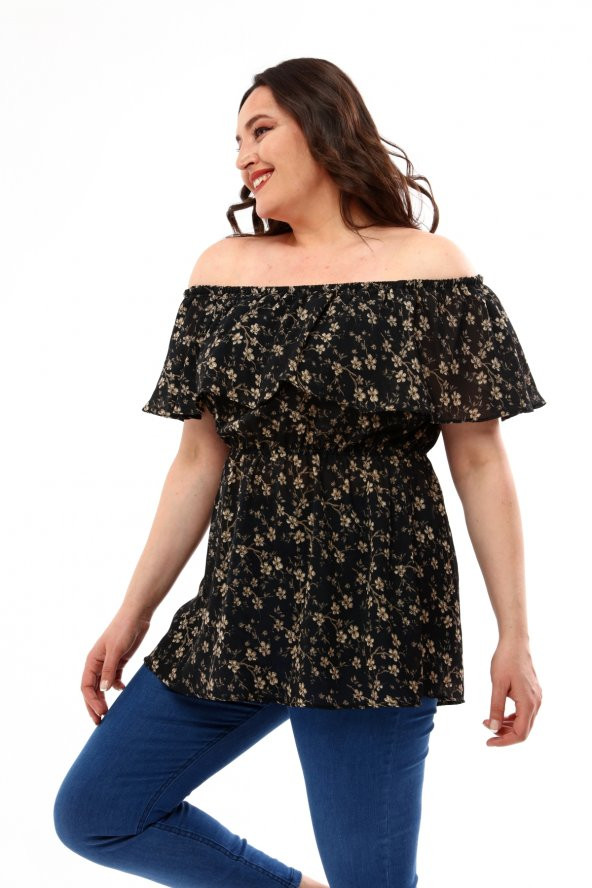 Lir Kadın Büyük Beden Çiçek Desenli Bluz Siyah L2329 - 4
