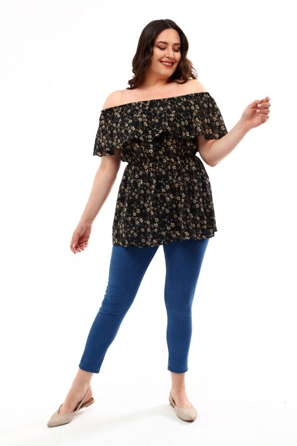 Lir Kadın Büyük Beden Çiçek Desenli Bluz Siyah L2329 - 7