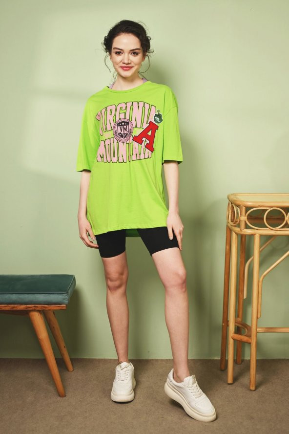 10232-Kadın Baskılı Oversize Tişört - Neon Yeşili
