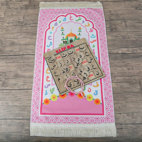 Çocuk Seccadesi Aksa Pembe & Kokulu Tesbih Kalp İşlemeli Bebek Pembesi & ElifBa Puzzle - 3