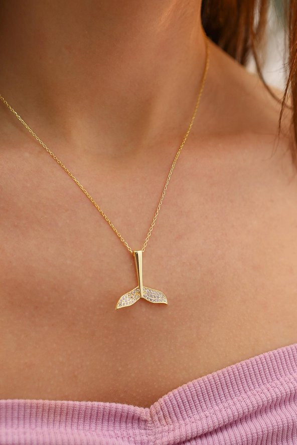 925 Ayar Gümüş Zirkon Taşlı Balık Kuyruğu Tasarım Kolye - 3