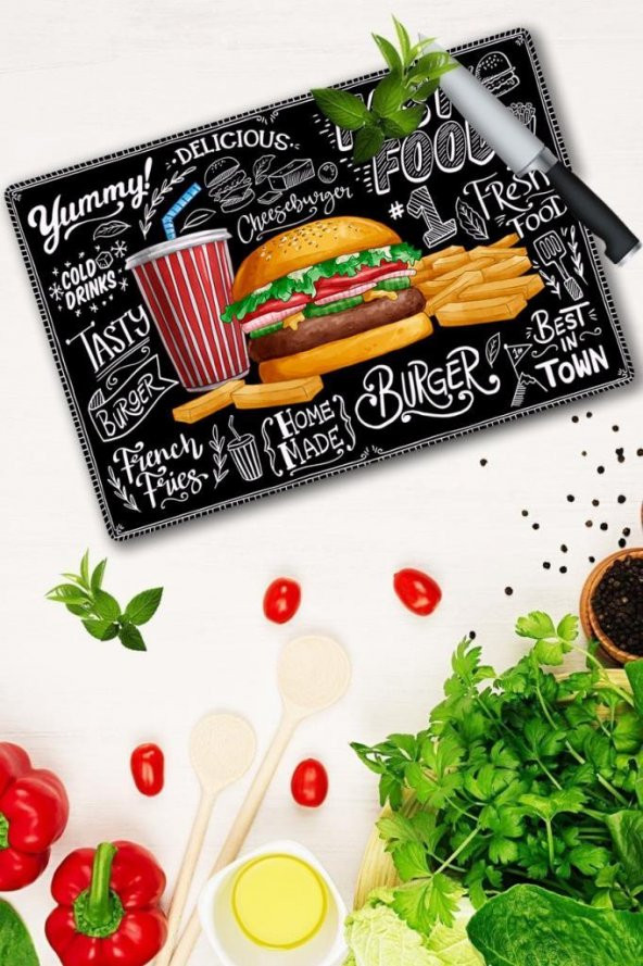 20x30 cm Fast Food Desenli Cam Kesme Tablası