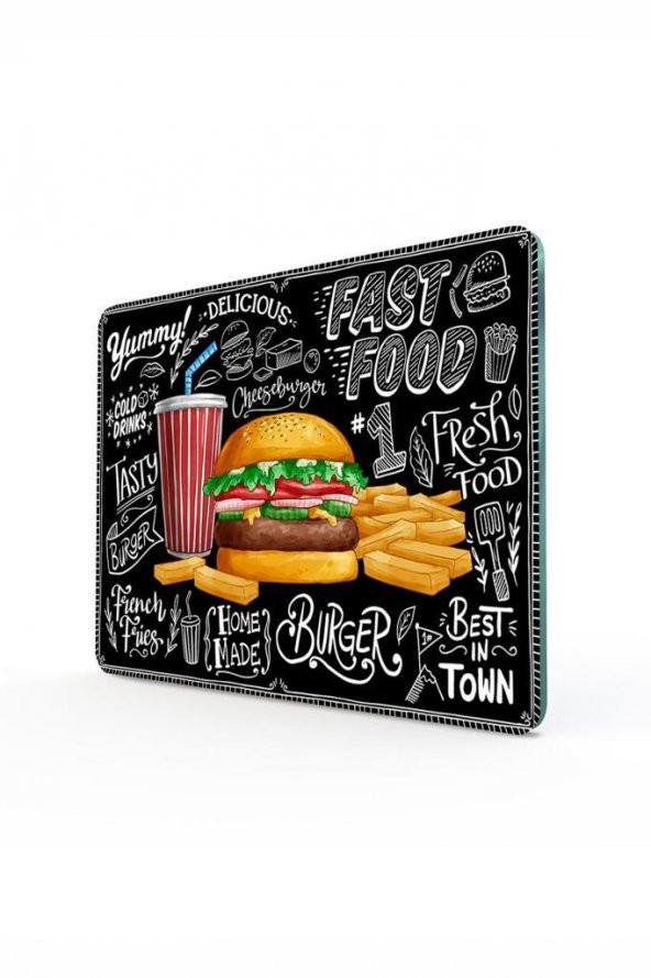 20x30 cm Fast Food Desenli Cam Kesme Tablası - Resim 2
