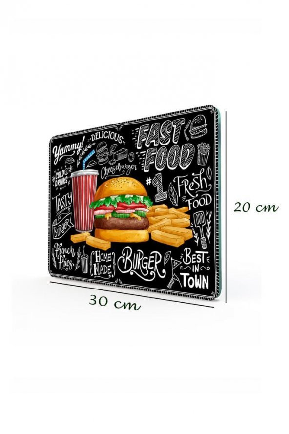 20x30 cm Fast Food Desenli Cam Kesme Tablası - Resim 3