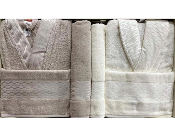 Özdilek Pamuk Aile Bornoz Seti-Elissa Krem Taş - 2