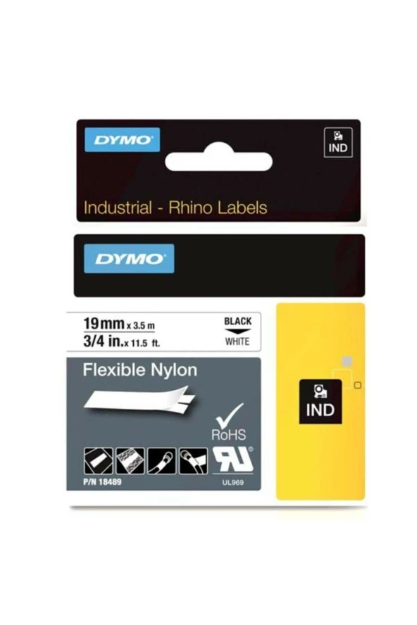 Dymo Rhino Pro Etiketi Plastik Esnek 19 MM x 3.5 Metre Siyah Üzerine Beyaz