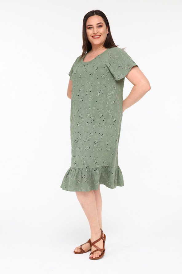 Schık Kadın Büyük Beden Brodeli Yarım Kol Elbise Haki SCKWM22EL03 - 2