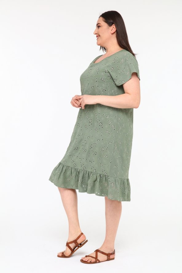 Schık Kadın Büyük Beden Brodeli Yarım Kol Elbise Haki SCKWM22EL03 - 4