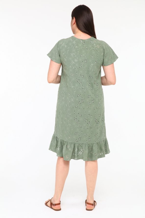 Schık Kadın Büyük Beden Brodeli Yarım Kol Elbise Haki SCKWM22EL03 - 5