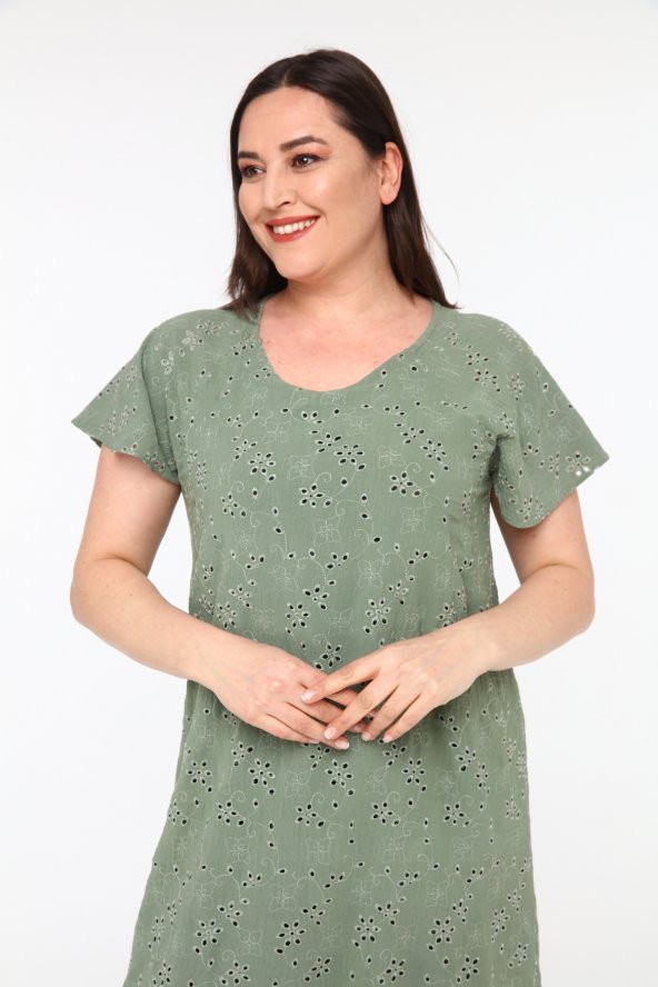 Schık Kadın Büyük Beden Brodeli Yarım Kol Elbise Haki SCKWM22EL03 - 6