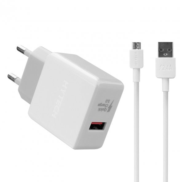 HYTECH HY-XE30 MICRO USB KABLOLU QUICK CHARGE QC3.0 2.4A BEYAZ / GRİ HIZLI EV ŞARJ ADAPTÖRÜ