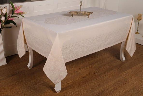 Finezza Roma Lüx Jakar Kumaş Bej Masa Örtüsü  Dikdörtgen 160x220 cm - 1046