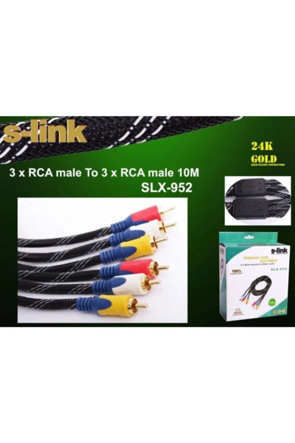 RCA KABLO 10 METRE 3 x RCA MALE TO 3x RCA MALE GOLD KILIFLI 3LÜ RCA KABLO S-LINK SLX-952