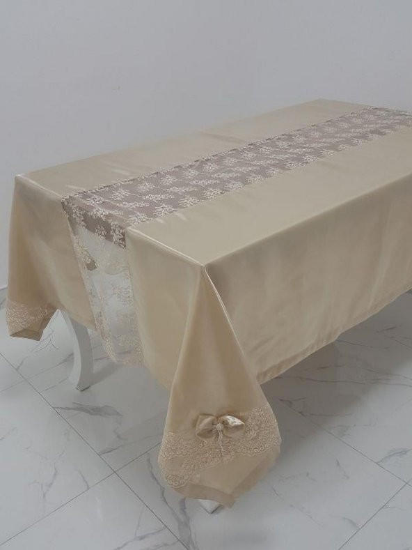 Finezza Elegant Lüx Dantelli Monoray Kumaş Bej Masa Örtüsü 170x230 cm - 1050