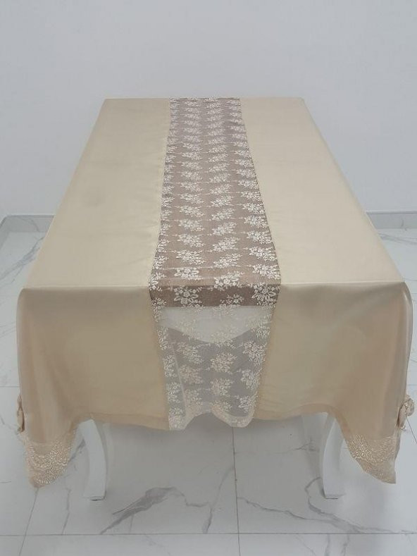 Finezza Elegant Lüx Dantelli Monoray Kumaş Bej Masa Örtüsü 170x230 cm - 1050 - 2