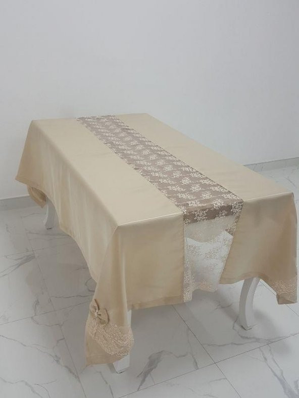 Finezza Elegant Lüx Dantelli Monoray Kumaş Bej Masa Örtüsü 170x230 cm - 1050 - 3
