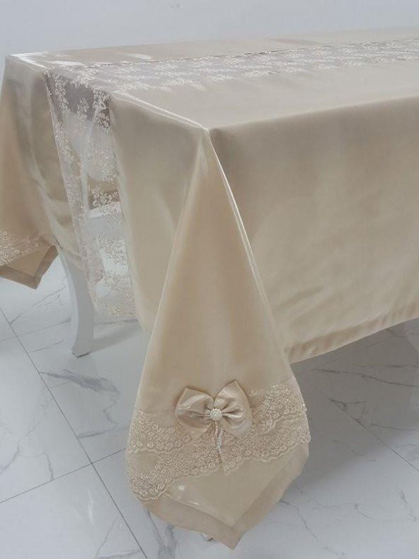 Finezza Elegant Lüx Dantelli Monoray Kumaş Bej Masa Örtüsü 170x230 cm - 1050 - 4