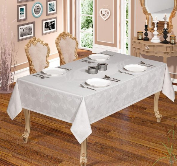 Finezza Aslı Lüx Jakar Polycotton Kumaş Gri Masa Örtüsü 160x320 cm - 1052