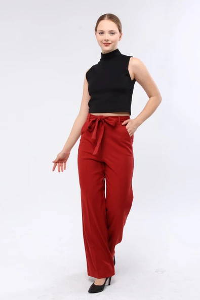 Kadın Kiremit Beli Bağcıklı Kumaş Pantolon - 2