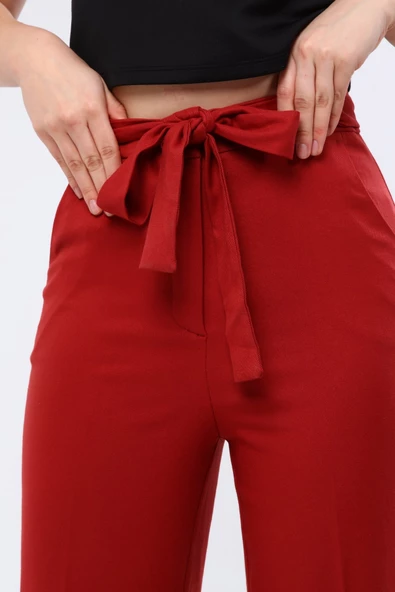 Kadın Kiremit Beli Bağcıklı Kumaş Pantolon - 5