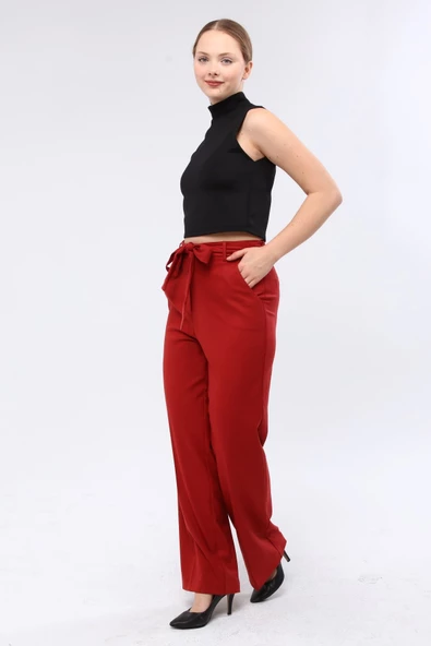 Kadın Kiremit Beli Bağcıklı Kumaş Pantolon - 3