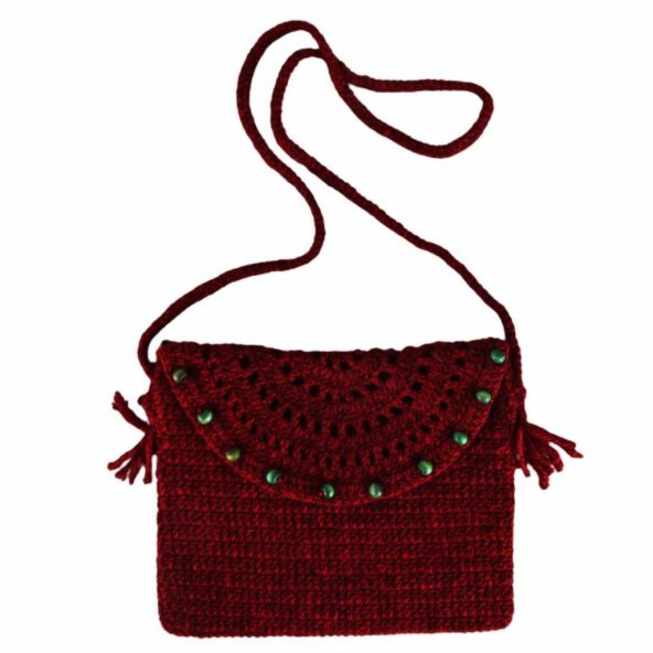 Bordo Boncuk Detaylı El Örgüsü Çanta Omuz Çantası