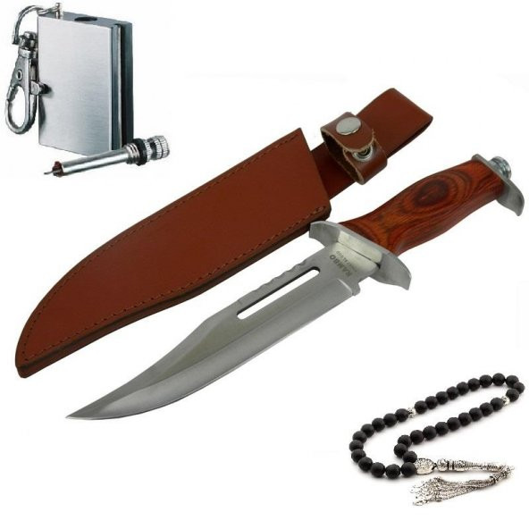 Columbia Marka Deri Kılıflı Rambo Bıçağı Metal Kibrit ve Tesbih ile