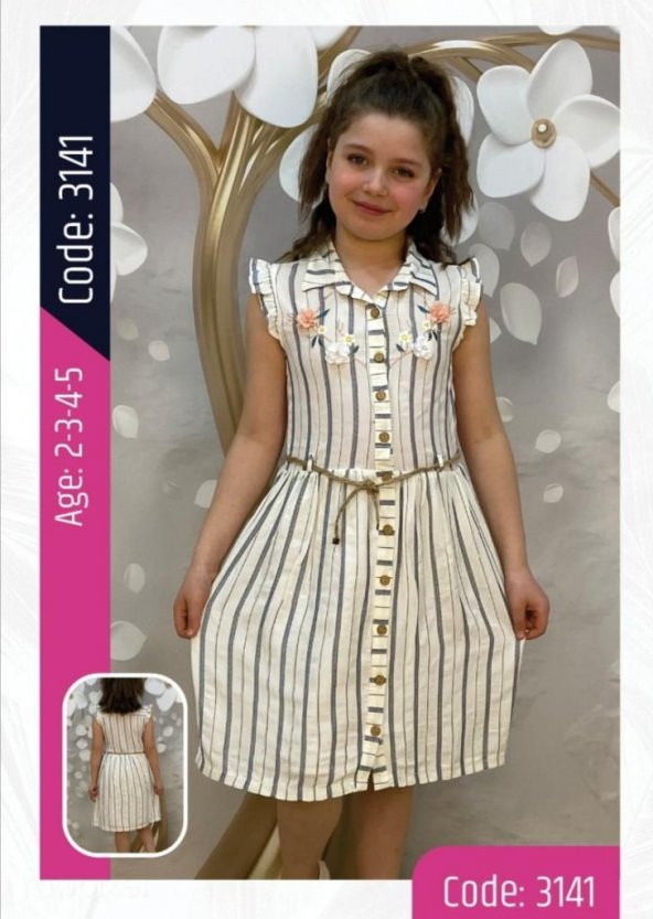 Wizzy Kids 2956 Düğme Çicek Detay Pamuk Keten Kumaş 2-5 Çocuk Elbise