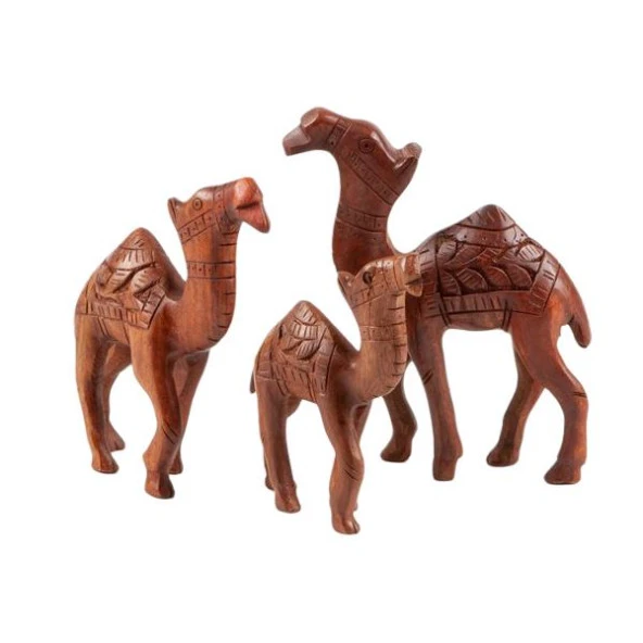 Dekoratif Teak (Tik) Ağacı Ahşap Üçlü Deve Seti El Yapımı - Resim 2