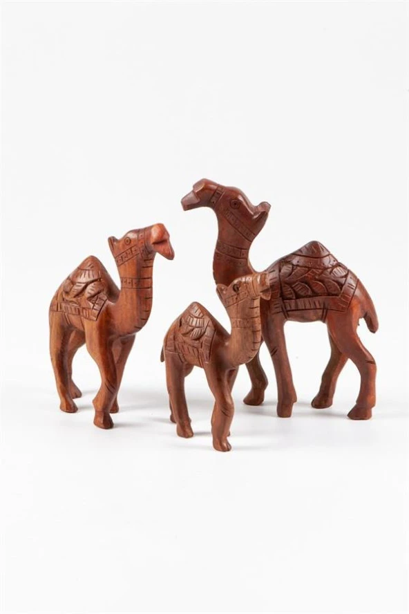 Dekoratif Teak (Tik) Ağacı Ahşap Üçlü Deve Seti El Yapımı - Resim 4