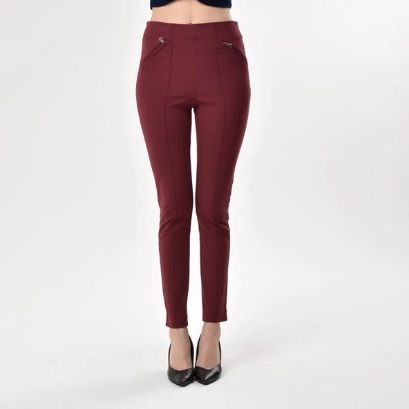 Kadın Bordo Fermuar Detaylı Likralı Pantolon - 5