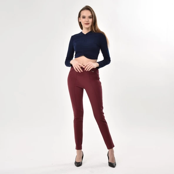 Kadın Bordo Fermuar Detaylı Likralı Pantolon - 2