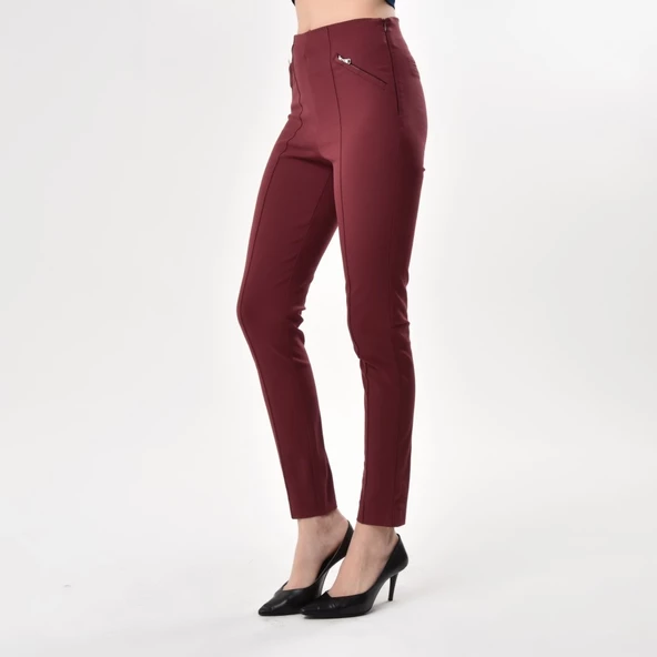 Kadın Bordo Fermuar Detaylı Likralı Pantolon - 6