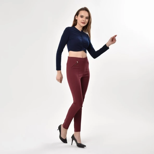 Kadın Bordo Fermuar Detaylı Likralı Pantolon - 4