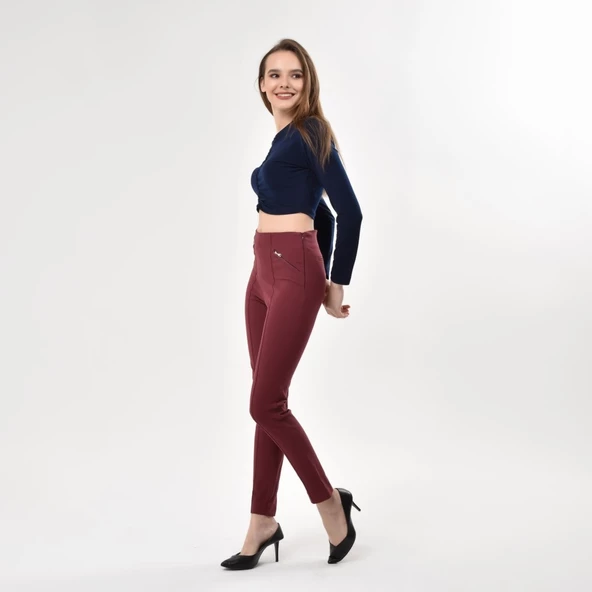 Kadın Bordo Fermuar Detaylı Likralı Pantolon - 3