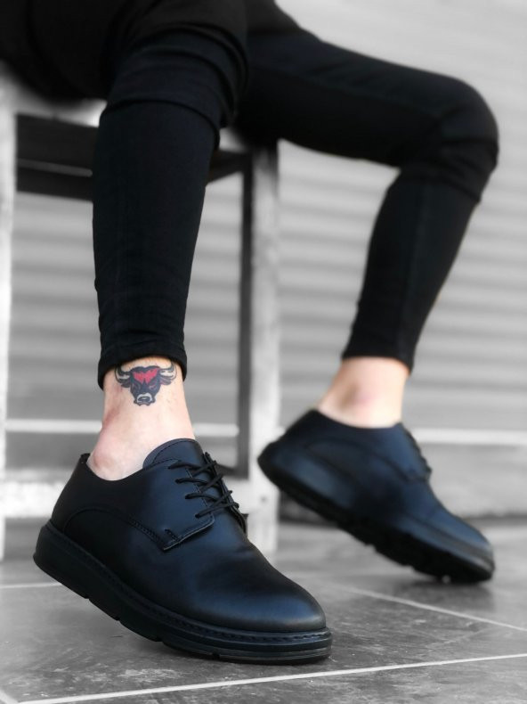 ER0003 Bağcıklı Klasik Siyah Yüksek Siyah Taban Casual Erkek Ayakkabı