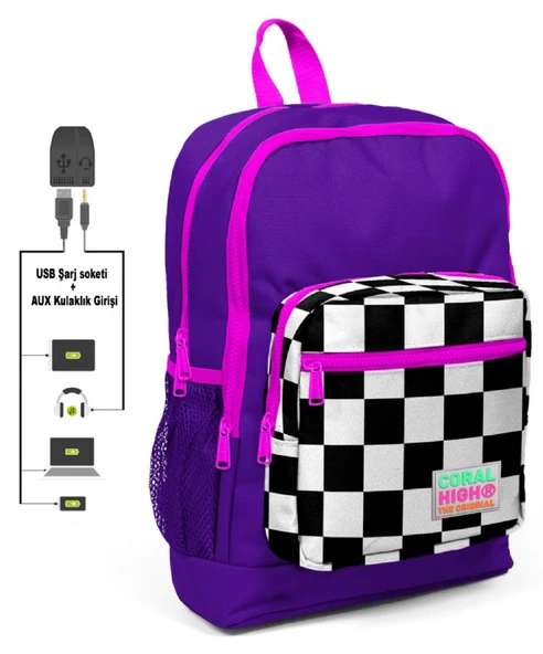 Coral High Mor Damalı İlkokul ve Günlük Sırt Çantası - Kız Çocuk - USB ve AUX Soketli ürün görseli