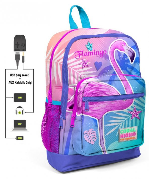 Coral High Pembe-Mavi Flamingo Baskılı İlkokul ve Günlük Sırt Çantası - Kız Çocuk - USB ve AUX Soketli