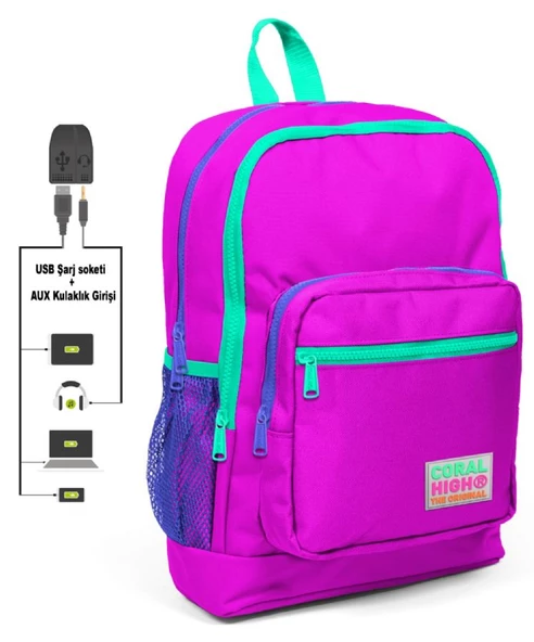Coral High Pembe İlkokul ve Günlük Sırt Çantası - Kız Çocuk - USB ve AUX Soketli
