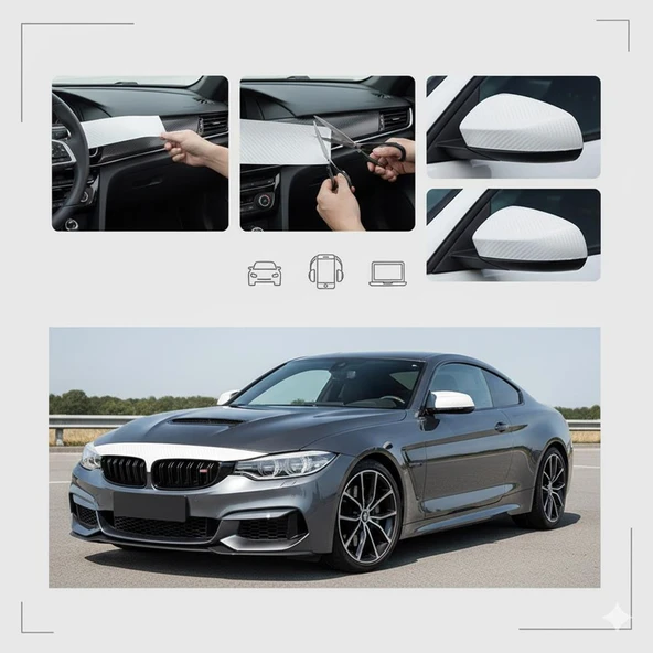 1.52m x 28m Beyaz 3D Karbon Kendinden Hava Kanallı Araç Kaplama Rulosu ürün görseli 1