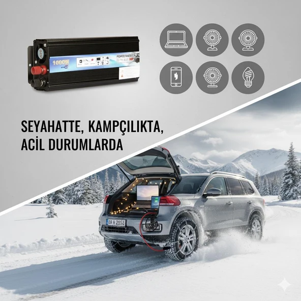 Space 1000W 24V-220V USB'li İnverter Güç Dönüştürücü - Resim 2