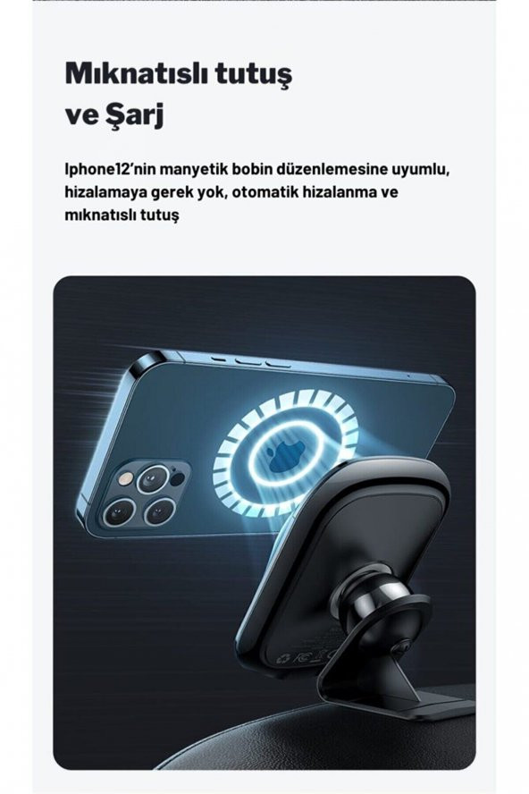 Mcdodo CH-7071 15W Iphone Magsafe Araç Kablosuz Şarj ve Tutucu Siyah - 3