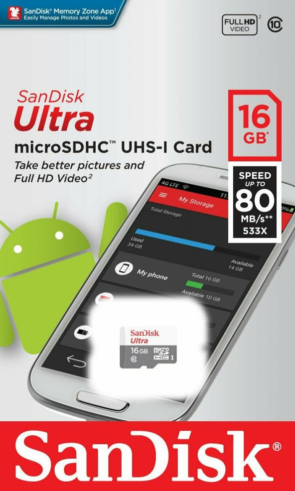 Sandisk Ultra SDSQUNS-016G-GN3MN 16 GB MicroSDHC Class 10 UHS-I Hafıza Kartı