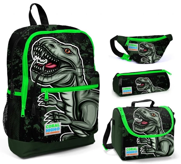 Coral High Yeşil Dinazor Baskılı Erkek Çocuk 4'lü İlkokul Çanta Seti ürün görseli