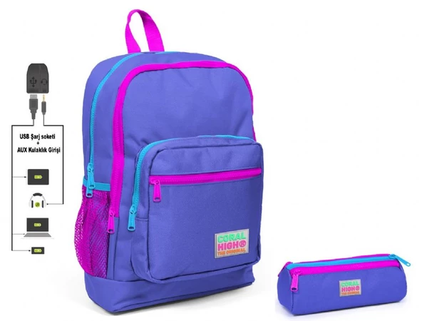 Coral High Mor İlkokul Sırt Çantası ve Kalemlik Seti - Kız Çocuk - USB Soketli