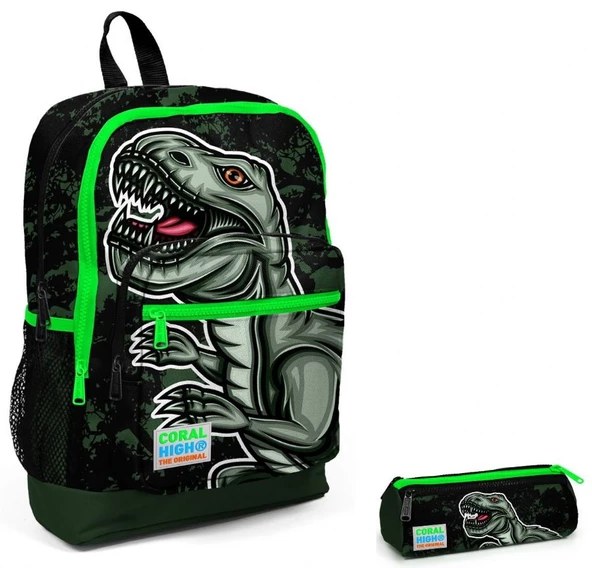 Coral High İlkokul Sırt Çantası ve Kalemlik Seti - Yeşil Dinazor Baskılı